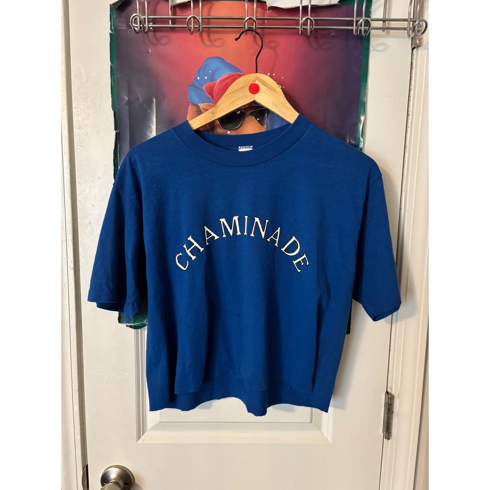 Vintage MJ Soffe Chaminade Cropped T-Shirt Blue Graphic Tee Women Large